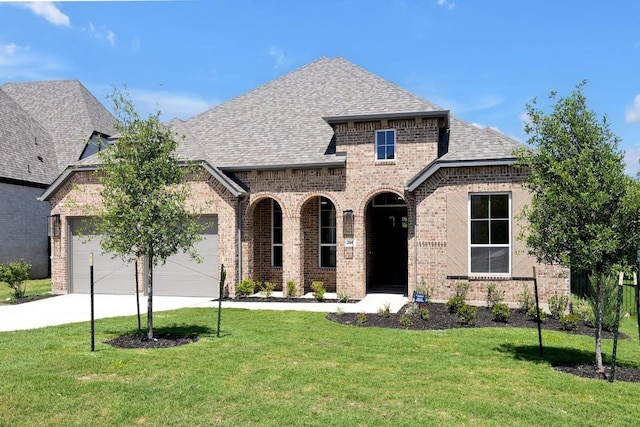 394 Leaning Rock Rdg, Austin, TX 78737 - french provincial home with brick siding, a front lawn, a garage, concrete driveway, and roof with shingles