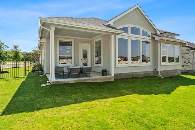 237 San Xavier St, Georgetown, TX 78633 - back of property featuring a patio area, stucco siding, and roof with shingles