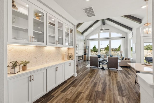 237 San Xavier St, Georgetown, TX 78633 - bar featuring decorative backsplash, dark wood-type flooring, a ceiling fan, and recessed lighting