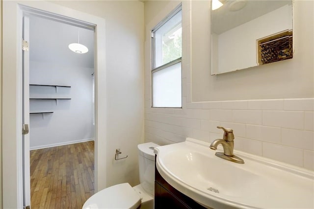 bathroom with wood finished floors, toilet, and vanity