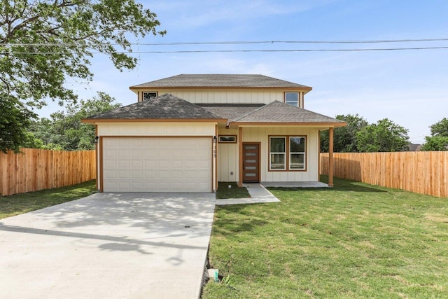 view of front of home featuring a garage, roof with shingles, fence, and driveway