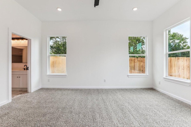 spare room featuring baseboards, a healthy amount of sunlight, a sink, and carpet