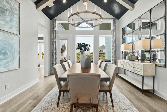 2104 Tobiano Trce, Georgetown, TX 78633 - dining space featuring beam ceiling, healthy amount of natural light, wood finished floors, high vaulted ceiling, and a chandelier