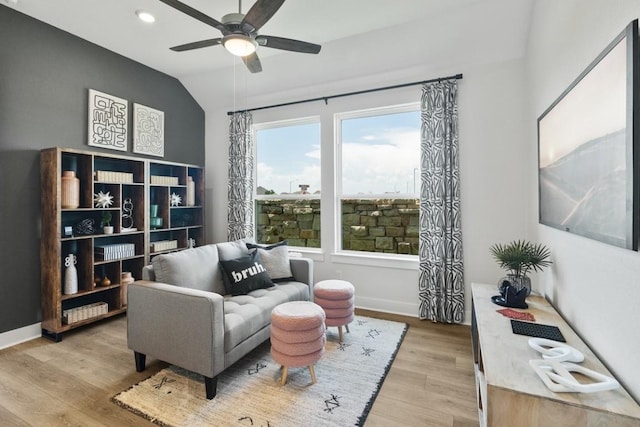 2104 Tobiano Trce, Georgetown, TX 78633 - living area featuring a ceiling fan, wood finished floors, lofted ceiling, and recessed lighting