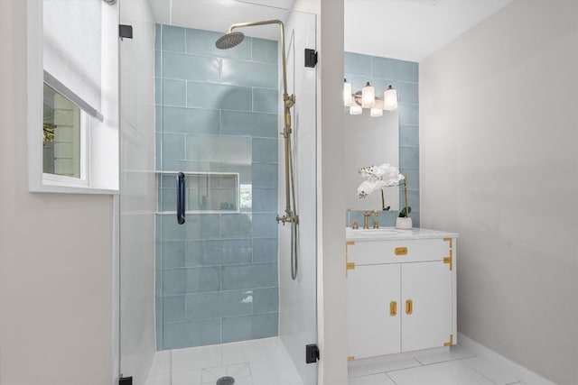 3400 Santa Fe Dr, Austin, TX 78741 - bathroom with a stall shower, vanity, and tile patterned floors
