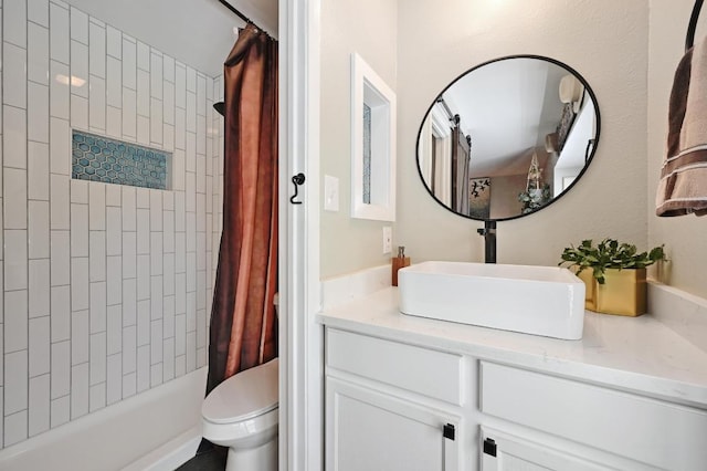 1213 S Trace Dr, Austin, TX 78745 - bathroom featuring shower / tub combo, vanity, and toilet