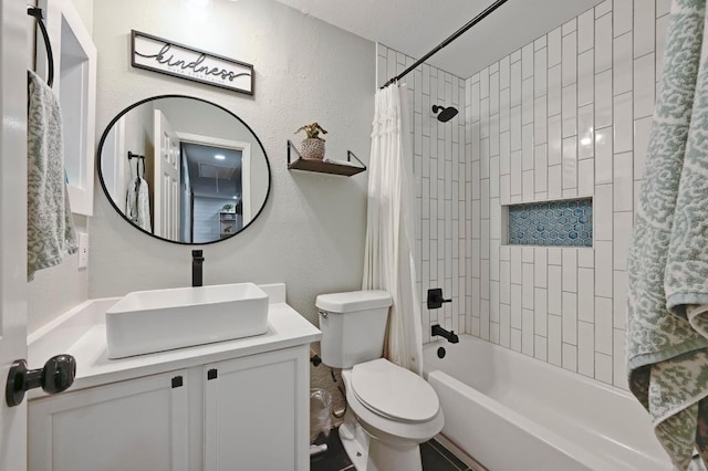 1213 S Trace Dr, Austin, TX 78745 - full bathroom with vanity, shower / bath combination with curtain, and a textured wall