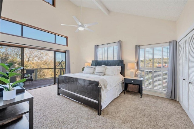 8509 Appalachian Dr, Austin, TX 78759 - carpeted bedroom featuring access to outside, high vaulted ceiling, beamed ceiling, and ceiling fan