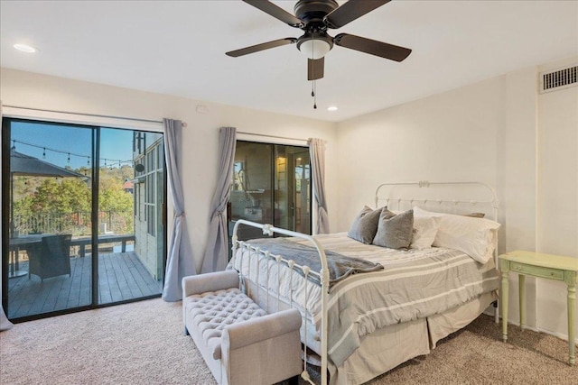bedroom with recessed lighting, carpet, visible vents, and access to outside