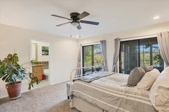 8509 Appalachian Dr, Austin, TX 78759 - carpeted bedroom featuring ensuite bathroom, access to exterior, recessed lighting, and a ceiling fan