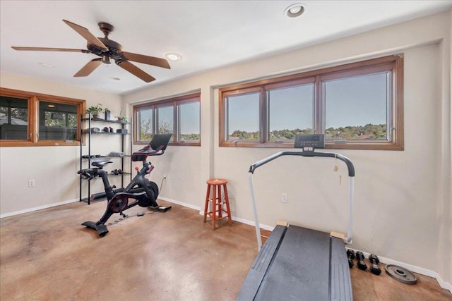 workout room with recessed lighting, a ceiling fan, and baseboards