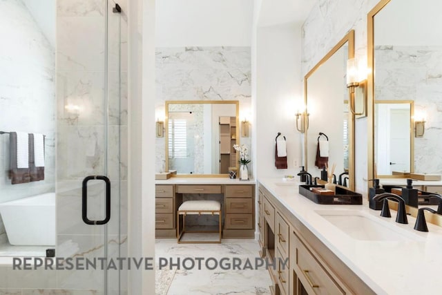 1708 Snowdrop Dr, Georgetown, TX 78628 - bathroom featuring a shower stall, marble finish floor, a sink, and double vanity