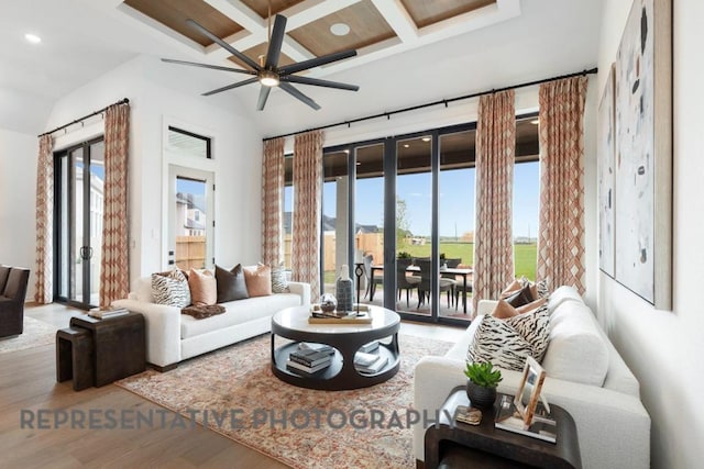 1708 Snowdrop Dr, Georgetown, TX 78628 - living area featuring recessed lighting, coffered ceiling, wood finished floors, a ceiling fan, and french doors