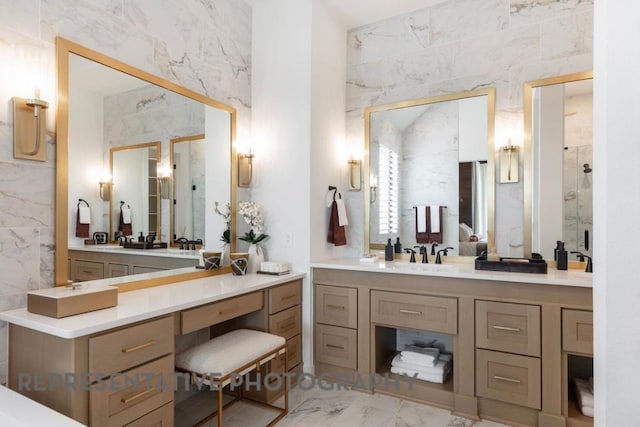 1708 Snowdrop Dr, Georgetown, TX 78628 - full bath featuring a shower stall, marble finish floor, and vanity