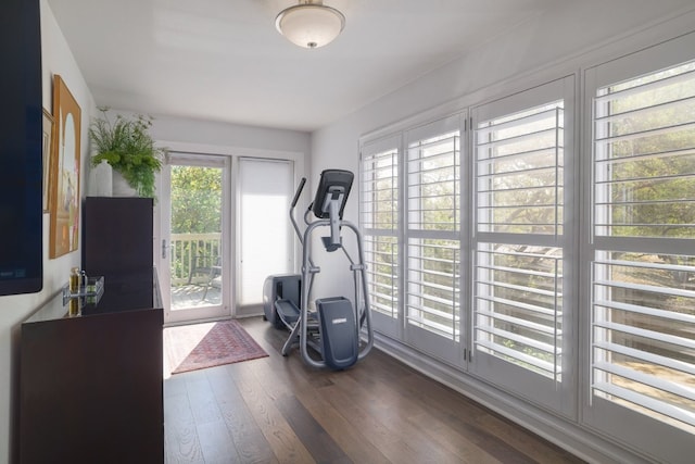 workout room with dark wood-style flooring