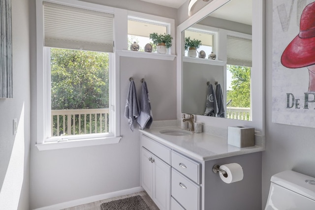 bathroom featuring plenty of natural light, toilet, and vanity