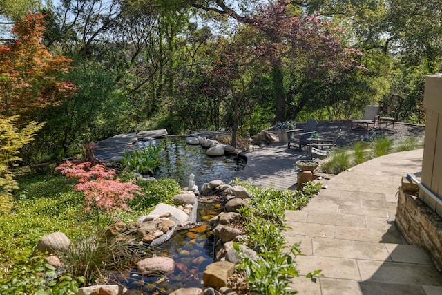view of yard with a garden pond and a patio