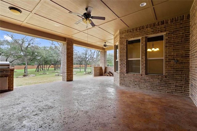 view of patio with a ceiling fan and a grill