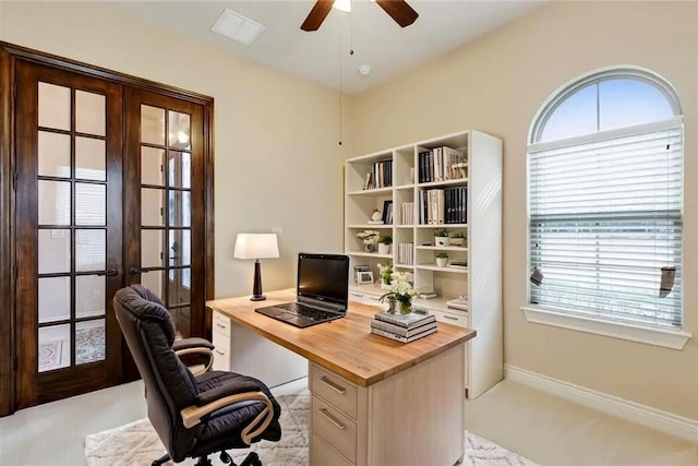190 Estrella Xing, Georgetown, TX 78628 - office featuring french doors, a ceiling fan, healthy amount of natural light, and baseboards