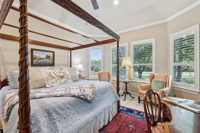 190 Estrella Xing, Georgetown, TX 78628 - bedroom with ornamental molding, baseboards, carpet flooring, and ceiling fan