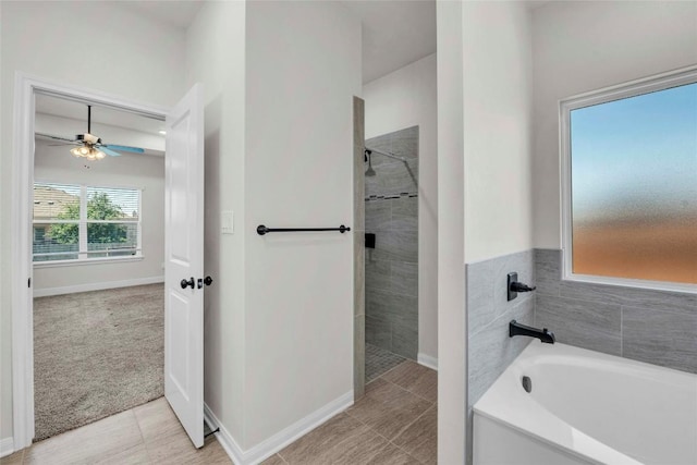 full bathroom with a bath, tile patterned flooring, a tile shower, and ceiling fan