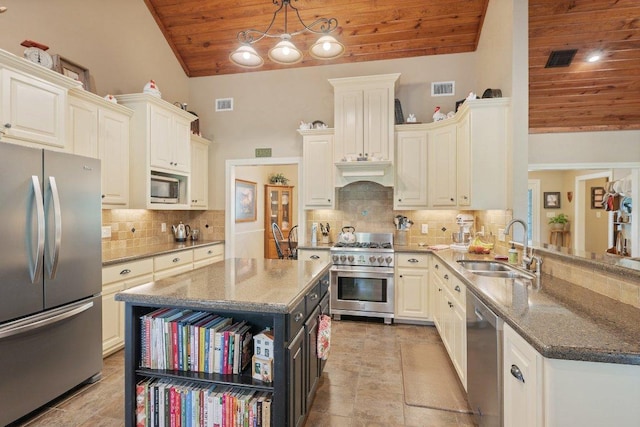 kitchen featuring wood ceiling, appliances with stainless steel finishes, a sink, and visible vents