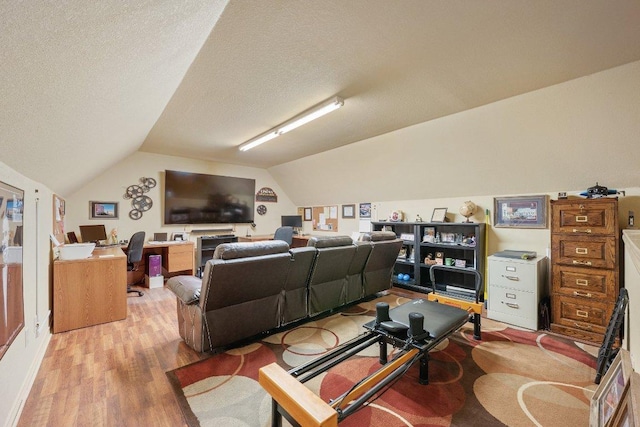 living area with lofted ceiling, a textured ceiling, and light wood finished floors