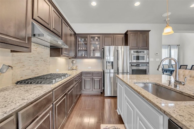 kitchen with under cabinet range hood, dark brown cabinets, a sink, dark wood-type flooring, and appliances with stainless steel finishes
