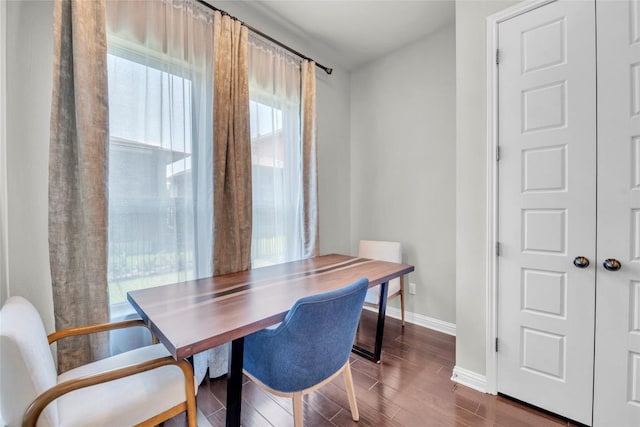 dining area with baseboards and dark wood finished floors