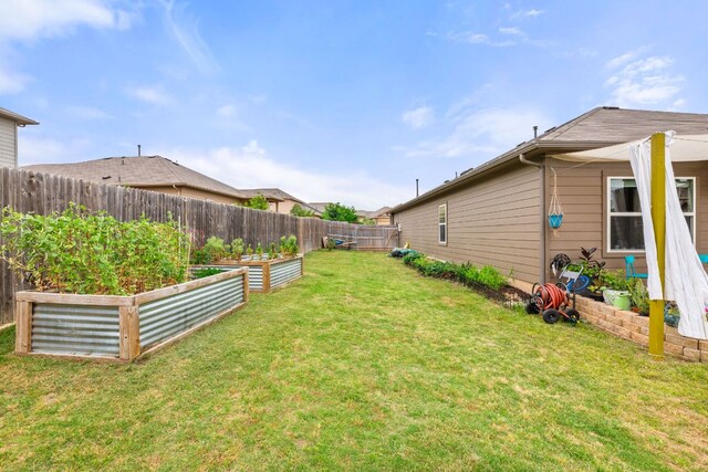 view of yard featuring a fenced backyard and a vegetable garden