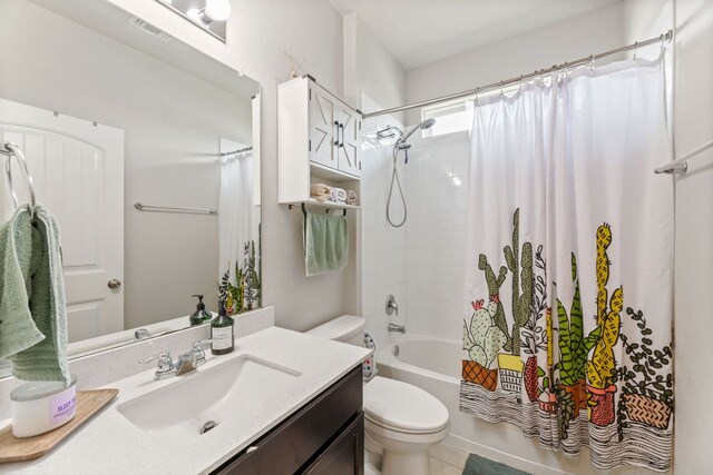 full bath with toilet, shower / bathtub combination with curtain, vanity, and visible vents