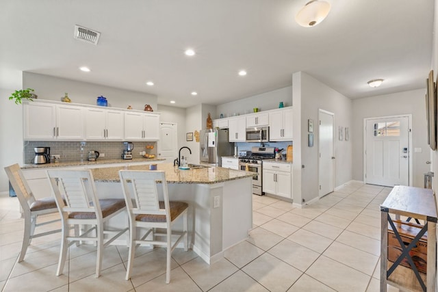 kitchen with white cabinets, stainless steel appliances, a sink, visible vents, and backsplash