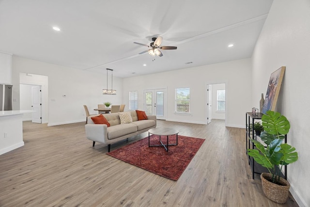 17701 Village Dr, Dripping Springs, TX 78620 - living area featuring ceiling fan, light wood finished floors, baseboards, and recessed lighting