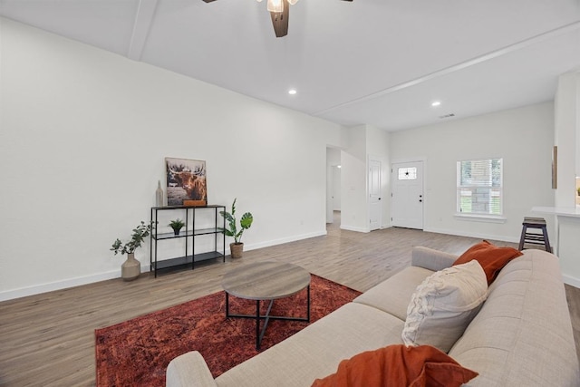 17701 Village Dr, Dripping Springs, TX 78620 - living area featuring wood finished floors, ceiling fan, recessed lighting, and baseboards