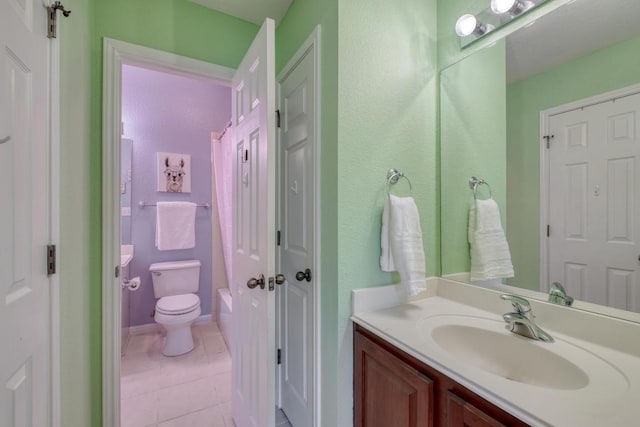 bathroom featuring tile patterned flooring, toilet, and vanity