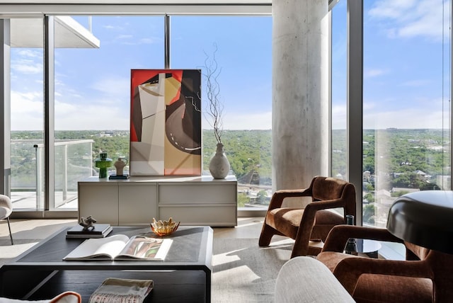 44 E Ave Unit 2301, Austin, TX 78701 - sitting room featuring floor to ceiling windows, wood finished floors, and a healthy amount of sunlight