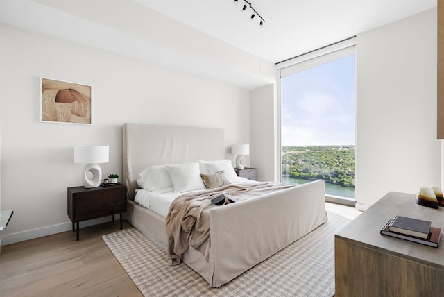 44 E Ave Unit 2301, Austin, TX 78701 - bedroom with light wood finished floors, baseboards, floor to ceiling windows, and rail lighting