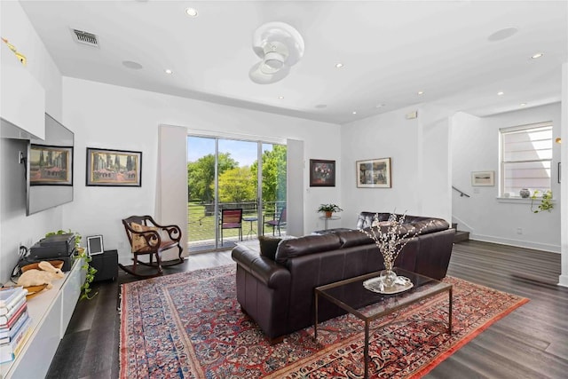 2105 Goodrich Ave Unit 7, Austin, TX 78704 - living area featuring wood finished floors, recessed lighting, stairs, and ceiling fan