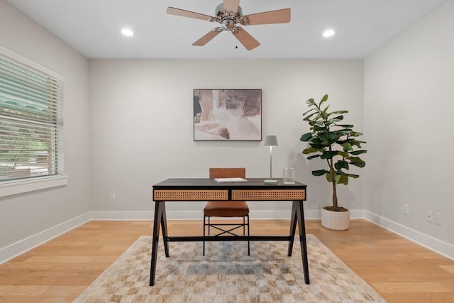 2213 Rebel Rd, Austin, TX 78704 - office space featuring baseboards, wood finished floors, recessed lighting, and ceiling fan