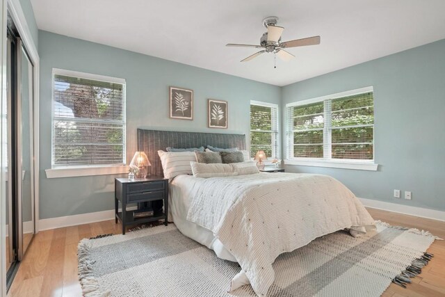 2213 Rebel Rd, Austin, TX 78704 - bedroom with baseboards, a ceiling fan, and wood finished floors
