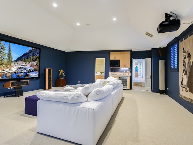 8300 Chalk Knoll Dr, Austin, TX 78735 - cinema room with beverage cooler, light carpet, vaulted ceiling, recessed lighting, and bar area