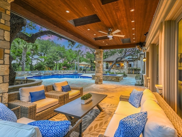 8300 Chalk Knoll Dr, Austin, TX 78735 - view of patio / terrace featuring an outdoor hangout area, a ceiling fan, and a pool with connected hot tub