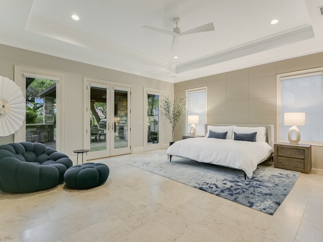 8300 Chalk Knoll Dr, Austin, TX 78735 - bedroom with a raised ceiling, access to outside, recessed lighting, french doors, and ornamental molding
