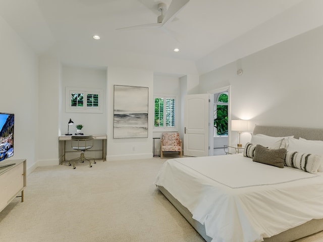 8300 Chalk Knoll Dr, Austin, TX 78735 - carpeted bedroom featuring an office area, recessed lighting, and ceiling fan
