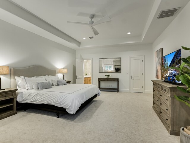 8300 Chalk Knoll Dr, Austin, TX 78735 - bedroom with a tray ceiling, light colored carpet, ceiling fan, recessed lighting, and connected bathroom