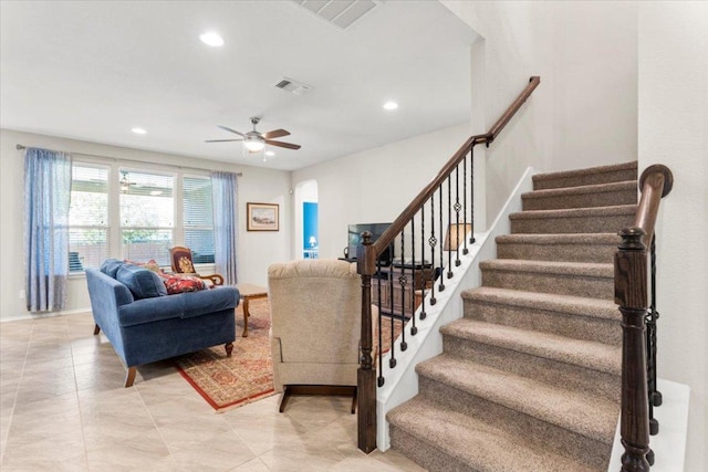 30305 Tiger Woods Dr, Georgetown, TX 78628 - living room featuring stairway, ceiling fan, baseboards, recessed lighting, and light tile patterned floors