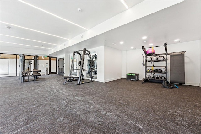 2209 S 1st St Unit 226, Austin, TX 78704 - workout area featuring carpet floors, baseboards, and recessed lighting