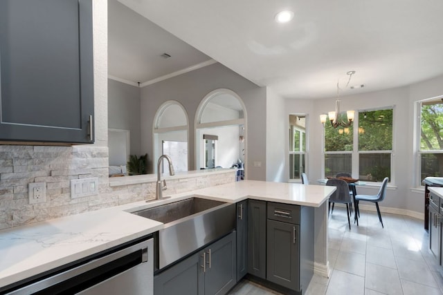 kitchen with stainless steel dishwasher, a sink, a chandelier, backsplash, and a peninsula