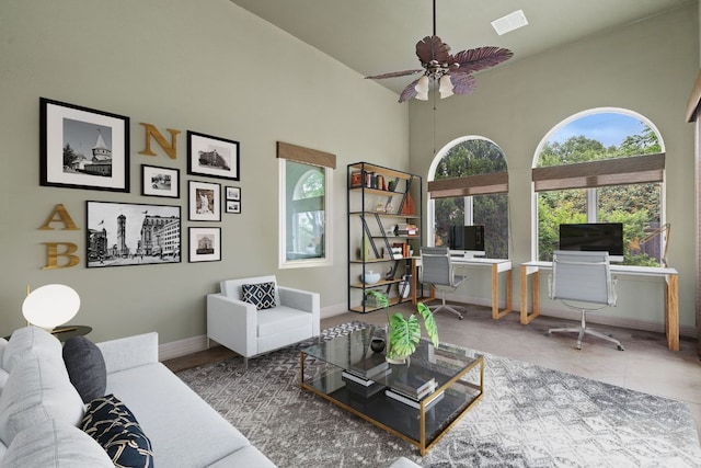 2812 Cascade Falls Dr, Austin, TX 78738 - living area featuring an office area, a ceiling fan, and a high ceiling