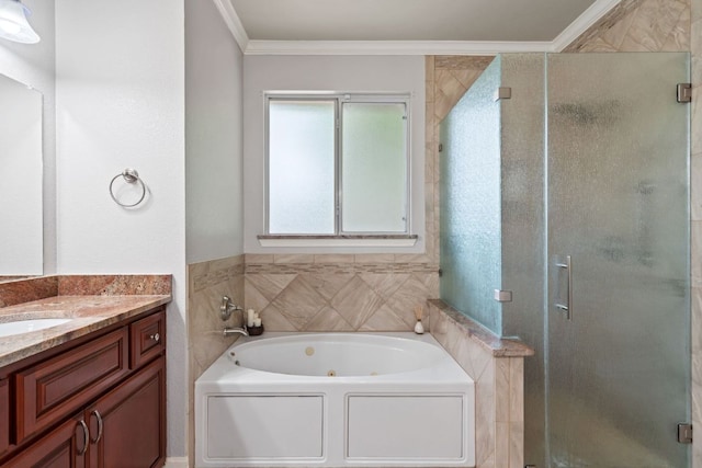full bathroom featuring a shower stall, vanity, and a whirlpool tub